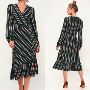 Lulus Kendle Green Striped Button Up Midi Dress Faux Wrap Sz XS